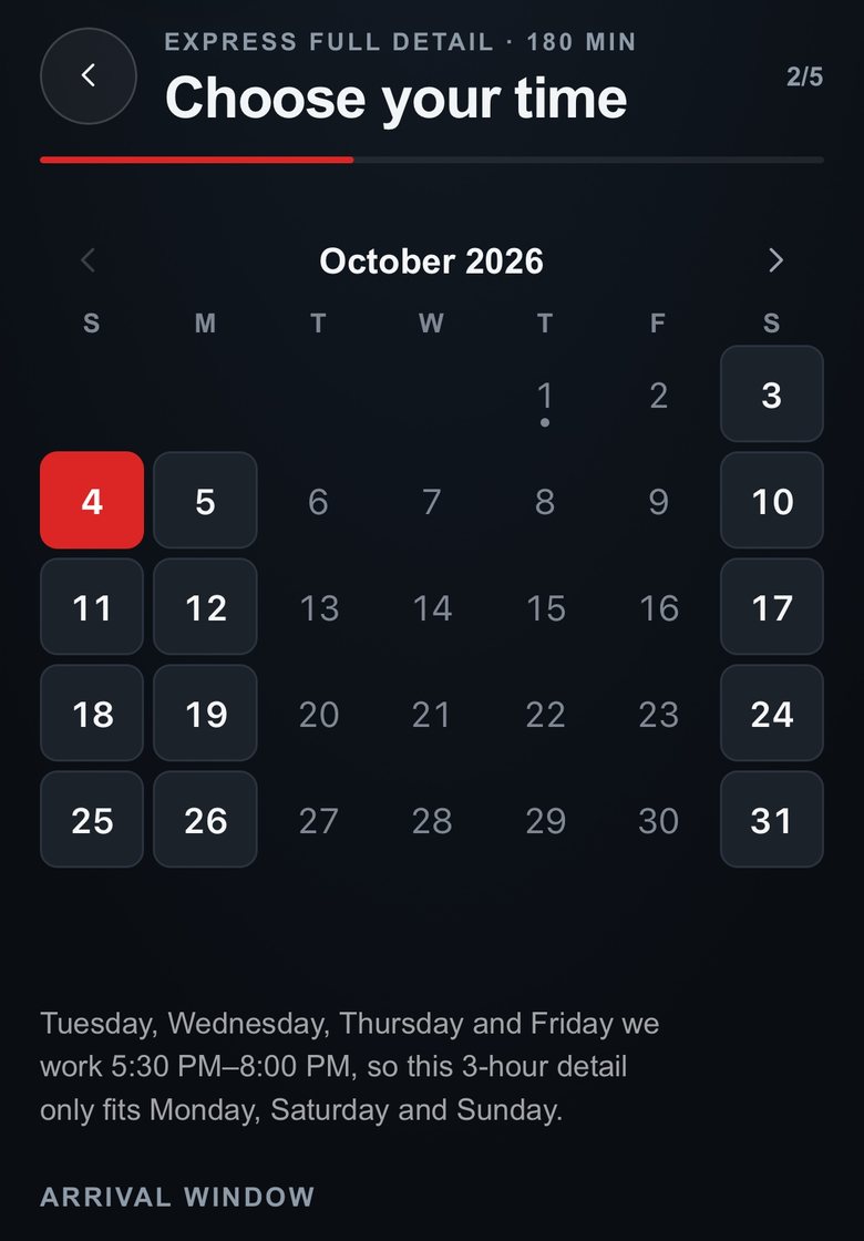 The booking calendar with a note explaining why some days are off